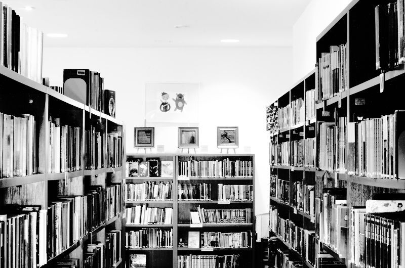 Wnętrze biblioteki w czarno-białym kadrze