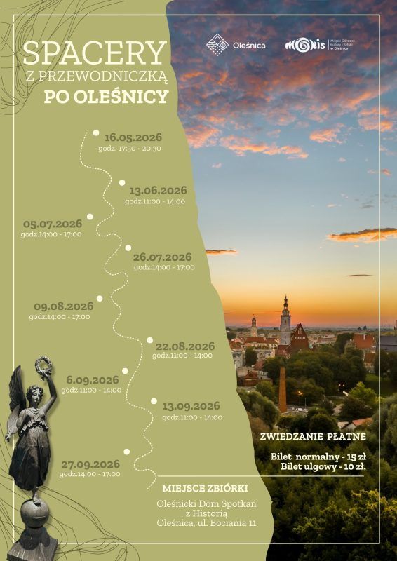 Plakat spacerów z przewodniczką po Oleśnicy przedstawia serię terminów od maja do września 2026 roku na tle panoramy miasta o zachodzie słońca.