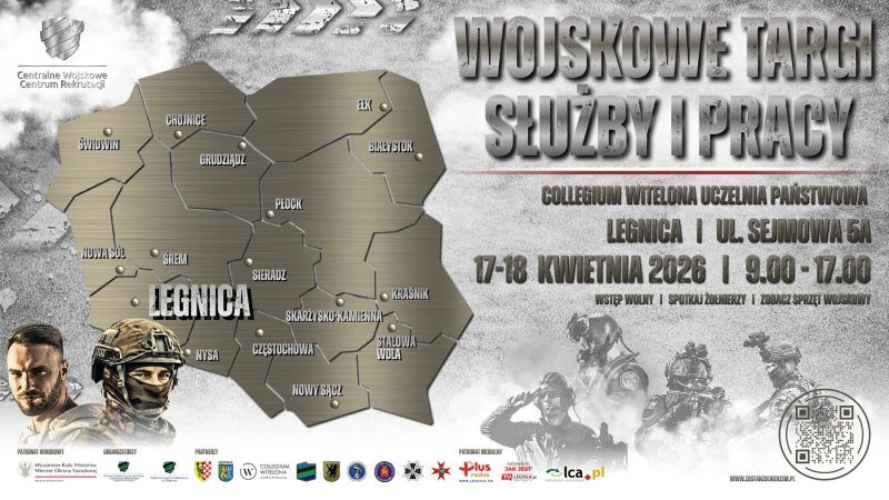 Treść wiadomości Gemini Militarny plakat promujący Wojskowe Targi Służby i Pracy, które odbędą się 17-18 kwietnia 2026 r. w Legnicy (Collegium Witelona, ul. Sejmowa 5A) w godzinach 9:00-17:00. Wizualnie grafika oparta jest na surowych, stalowych szarościach. W centrum znajduje się metaliczna mapa Polski z listą miast, a w narożnikach zdjęcia żołnierzy w pełnym rynsztunku oraz sylwetki sprzętu bojowego. Plakat informuje o darmowym wstępie, możliwości spotkania z wojskowymi i zobaczenia wyposażenia armii.