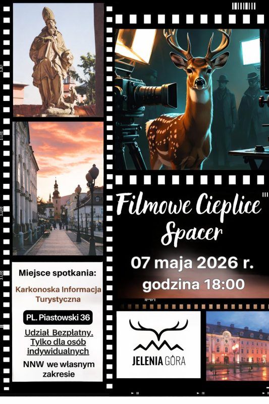 Grafika ilustracyjna do filmowych spacerów w cieplicach w 2026 roku