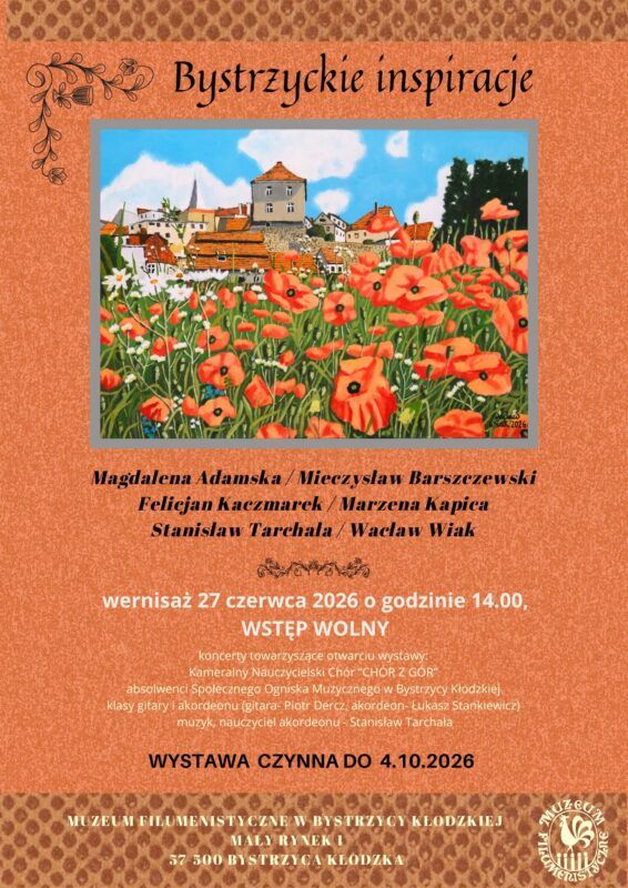 Plakat wystawy „Bystrzyckie inspiracje” pokazuje malarski widok miasta wśród czerwonych maków i zaprasza na wernisaż 27 czerwca 2026.
