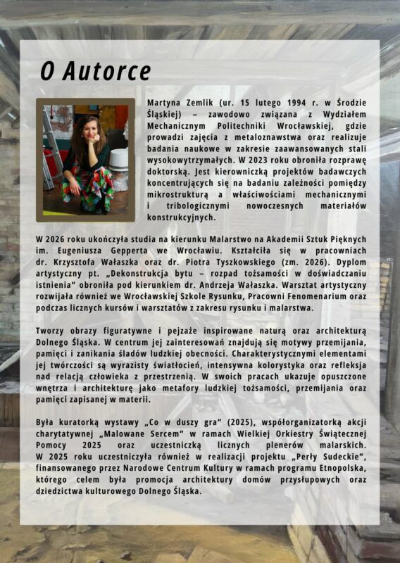 Plakat wystawy dyplomowej Martyny Zemlik „Rozpad” zawiera portret artystki oraz obszerną notę biograficzną umieszczoną na tle fragmentu jej pracy.