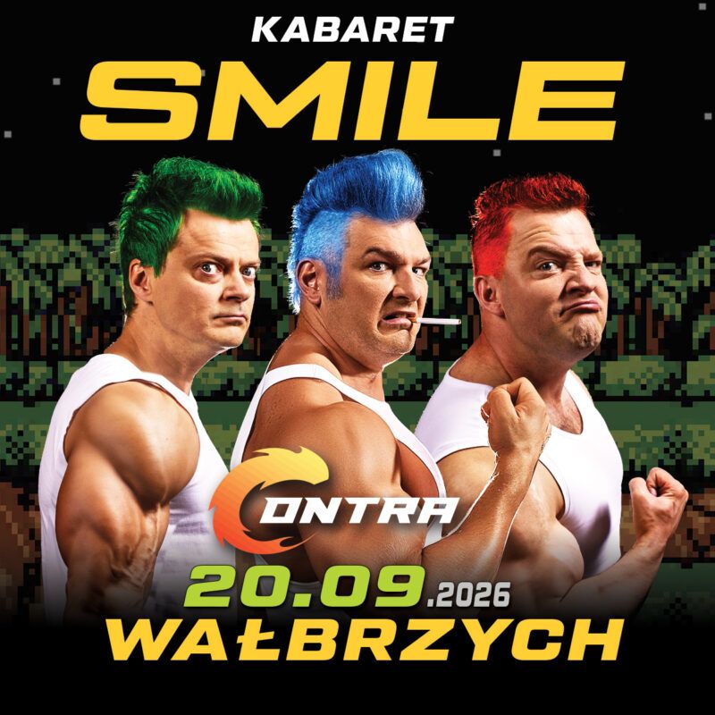 Plakat kabaretu Smile w programie „Contra” pokazuje trzech artystów w sportowych pozach i kolorowych fryzurach oraz zapowiada występ 20 września 2026.