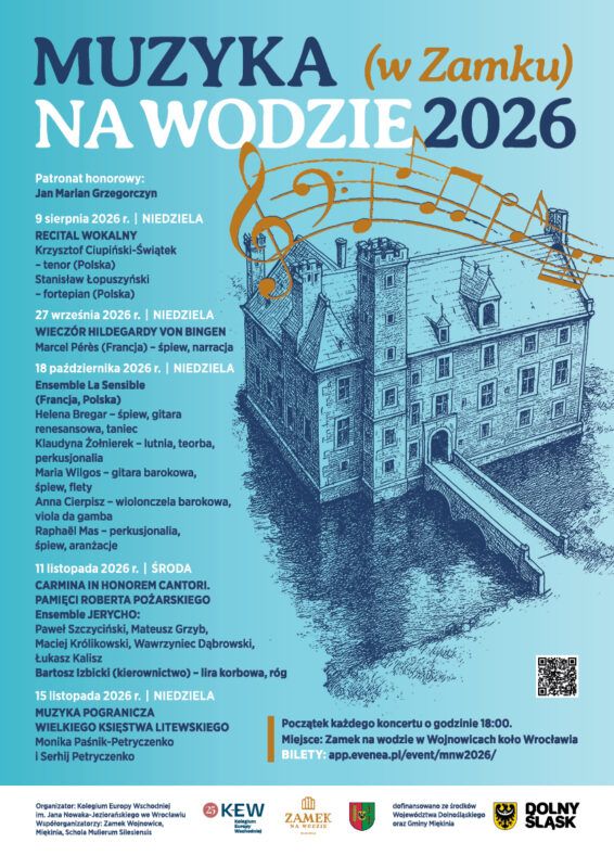plakat w niebieskich, wodnych kolorach ukazujący wydarzenie pod tytułem "Muzyka Na Wodzie w Zamku 2026). W tle plakatu znajduje się rysunek zamku, natomiast na głównym planie ukazany jest plan całego wydarzenia