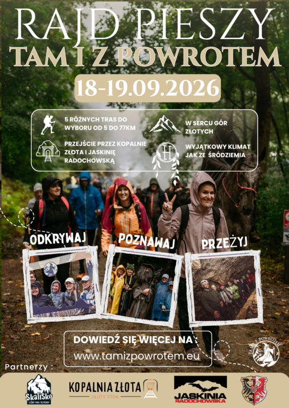 Plakat promujący rajd pieszy Tam i Z Powrotem w 2026 roku w Złotym Stoku