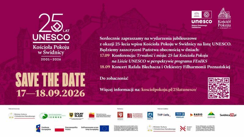 Grafika promująca 25 lat UNESCO w Kościele Pokoju w Świdnicy w 2026 roku