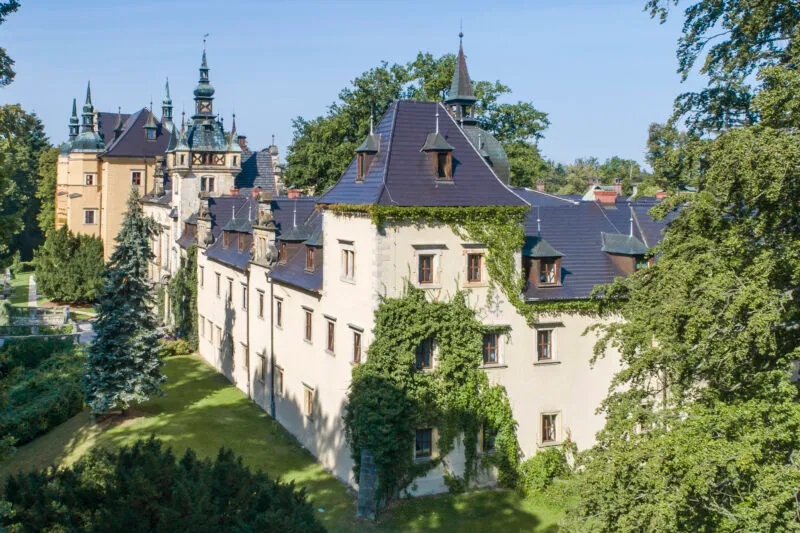 Zamek obrośnięty zielenią, wśród drzew.