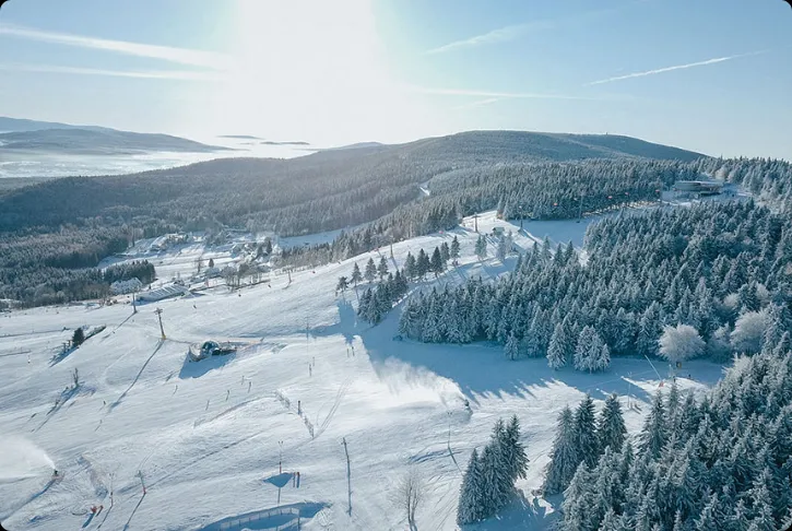 Un'ampia pista da sci innevata attraversa dolci colline ricoperte di abeti, con percorsi, impianti di risalita e alcuni edifici isolati nella valle.