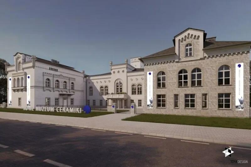 Wizualizacja nowej siedziby muzeum ceramiki przedstawia stylizowany budynek muzeum