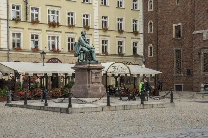 widok na zadaszony ogródek należący do Restauracji Pod Fredrą, kamienicę oraz pomnik Aleksandra Fredry na rynku we Wrocławiu.