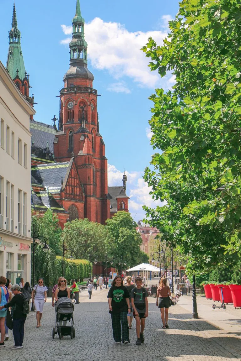 Długa ulica w zabytkowym stylu, w tle ceglane wieże katedry