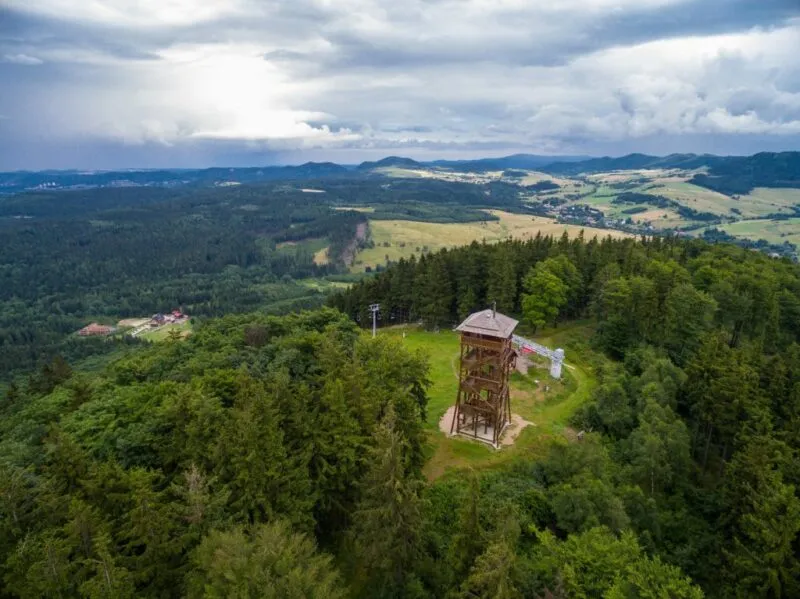 Widok na zalesione szczyty z widocznym szczytem Góry Dzikowiec z drewnianą wieżą widokową i końcową stacją wyciągu krzesełkowego.