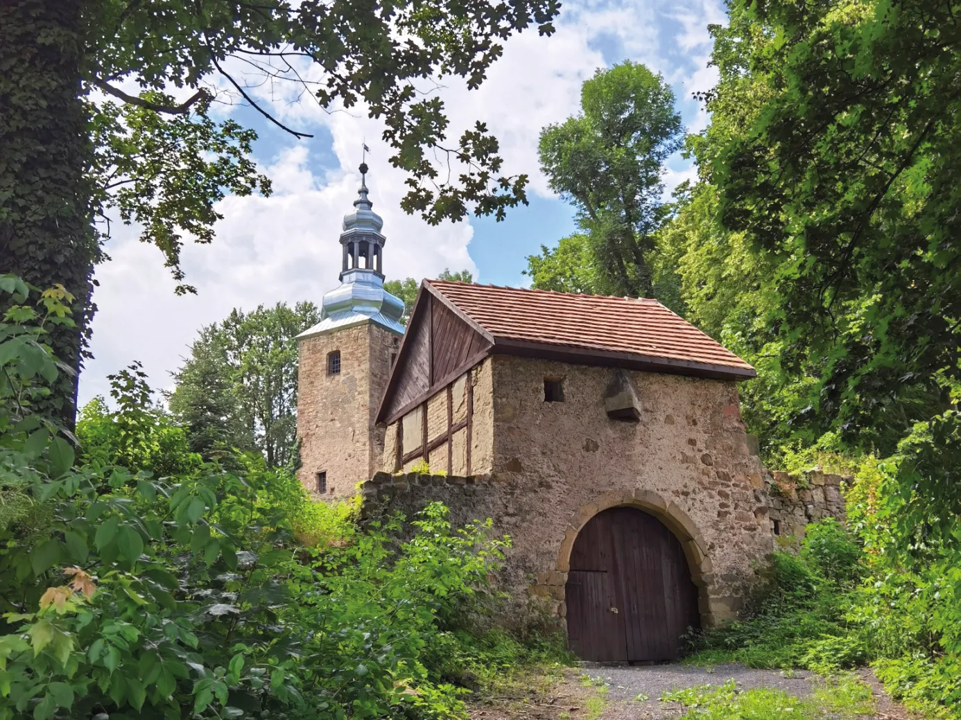 Pohled na staré, částečně omítnuté kamenné budovy románského kostela obklopené bujnou přírodou.