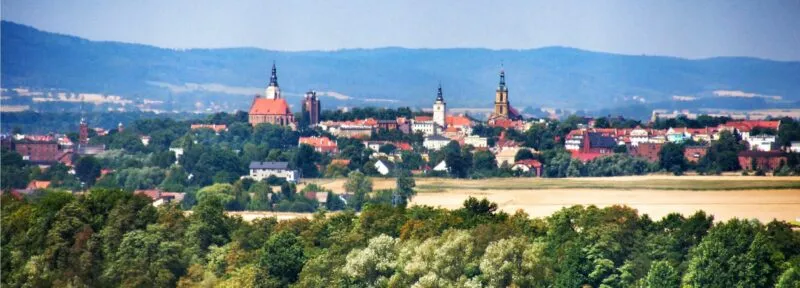 Widok z odległości na panoramę Dzierżoniowa, widoczne wieże kościołów i budynki mieszkalne, w tle Góry Sowie