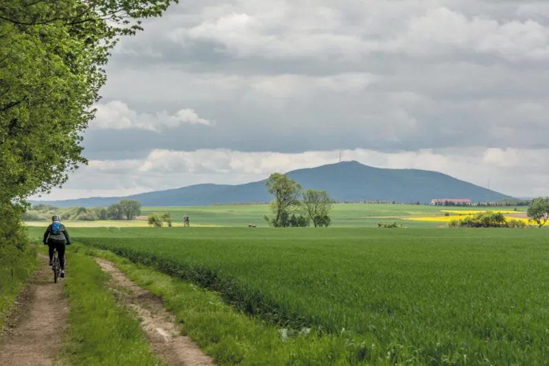 Widok gruntowej ścieżki, po prawej stronie pole, a w tle góra Ślęża.