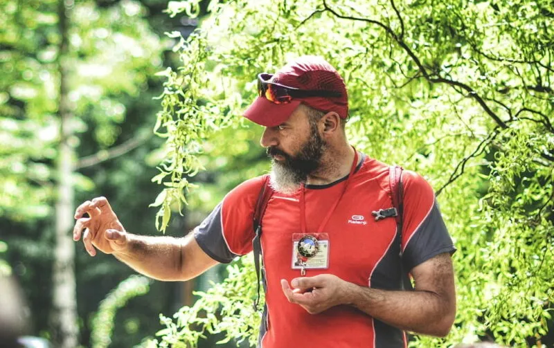 Mężczyzna w czerwonej koszulce z czerwoną czapką z daszkiem, znajdujący się w lesie