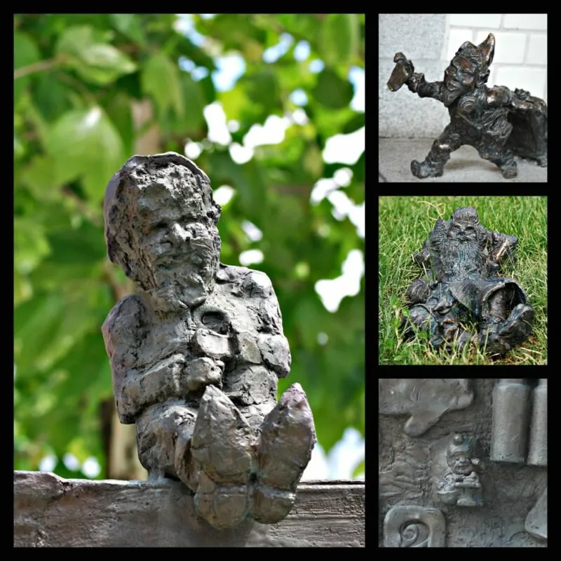 Il collage mostra diversi gnomi di bronzo di Breslavia, tra cui una statuetta seduta, una sdraiata e una che si arrampica, fotografati in un contesto urbano.