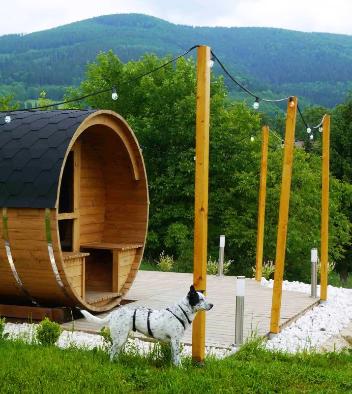 Sauna w okrągłej bali, ulokowana na wzgórzu, z widokiem na lasy i pobliskie góry.