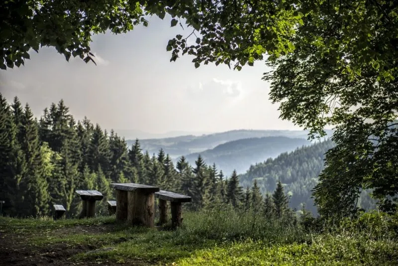 widok na góry, na pierwszym planie znajdują się klimatycznie położone trzy ławki