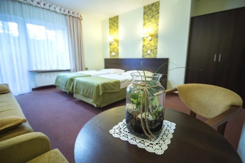 Duży pokój hotelowy z dwoma pojedynczymi łózkami, dużą szafą, okrągłym stolikiem i dwoma fotelami. Na ścianie ozdobne pasy tapety z zielonymi wzorami.