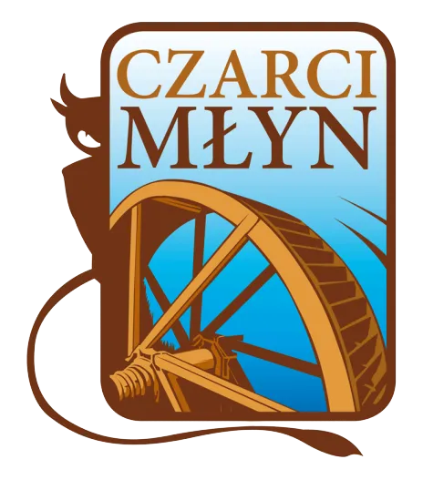 Logotyp z napisem Czarci Młyn oraz widocznym dużym drewnianym kołem młyńskim