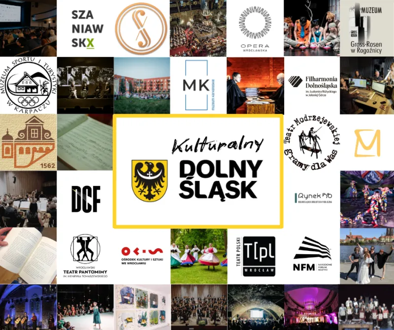 Mozaika zdjęć i logotypów otacza centralny znak „Kulturalny Dolny Śląsk”, tworząc promocyjną planszę prezentującą instytucje i wydarzenia regionu.