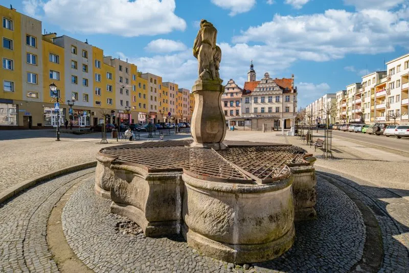 Kamenná kašna se sochou stojí na náměstí ve Lwówku Śląskim, obklopená barevnými měšťanskými domy a reprezentativní fasádou radnice pod modrou oblohou.