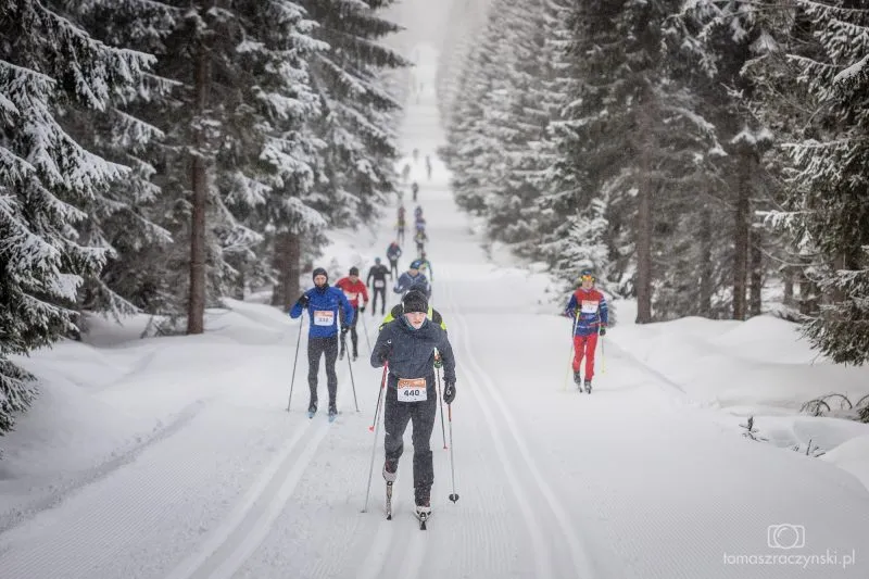 Gli sciatori di fondo gareggiano sul percorso innevato della Bieg Piastów, che attraversa una fitta foresta di abeti rossi in uno scenario montano invernale.