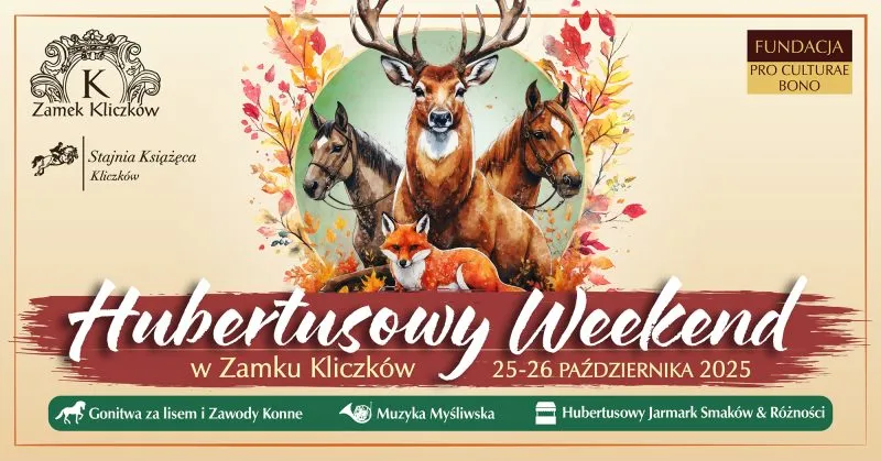 Plakat promocyjny wydarzenie Hubertusowy Weekend w Zamku Kliczków w 2025 roku
