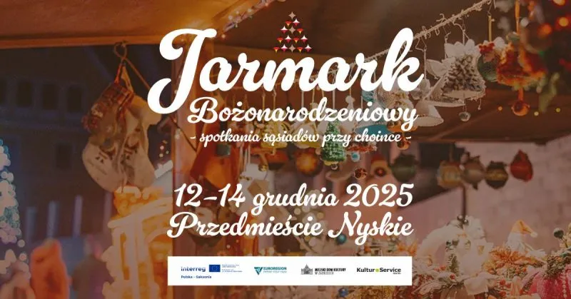El cartel navideño invita al Mercado de Navidad del 12 al 14 de diciembre de 2025 en Przedmieście Nyskie, con el lema de encuentro de vecinos junto al árbol de Navidad.