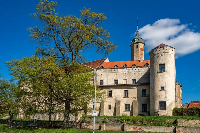 Na zdjęciu Zamek Piastowski w Jaworze wygląda jak solidna, jasnokamienna twierdza z wysoką, prostokątną wieżą i równymi murami dominującymi nad otoczeniem.