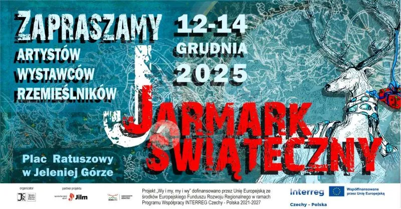 Plakat Jarmarku Świątecznego w Jeleniej Górze zaprasza artystów i rzemieślników od 12 do 14 grudnia 2025 roku na Plac Ratuszowy.
