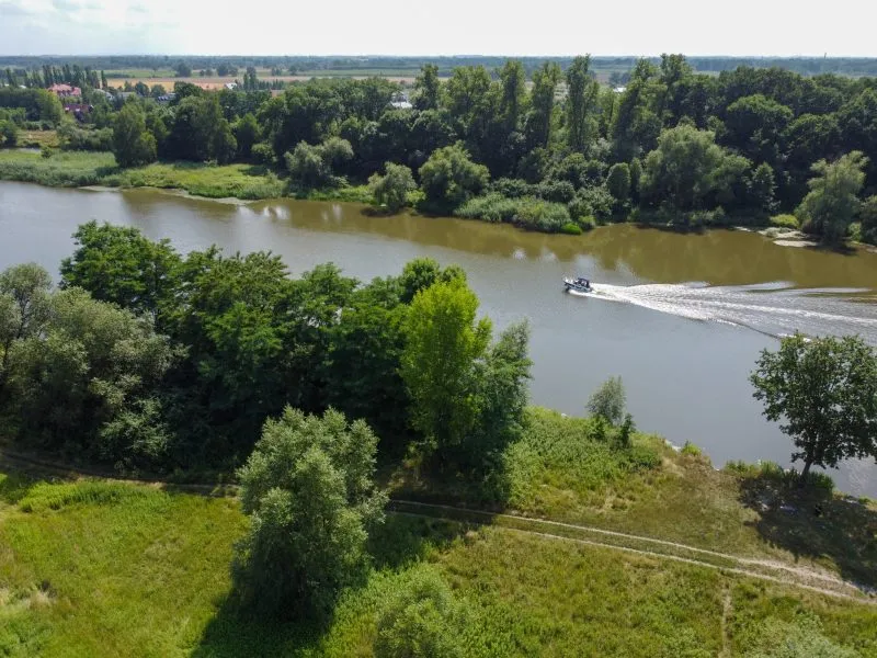 Zdjęcie rzeki Odra widocznej z lotu ptaka w otoczeniu bujnej przyrody