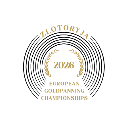 Okrągłe czarno-złote logo Europejskich Mistrzostw w Płukaniu Złota 2026 w Złotoryi łączy koncentryczne linie, laurowe gałązki i nazwę zawodów.