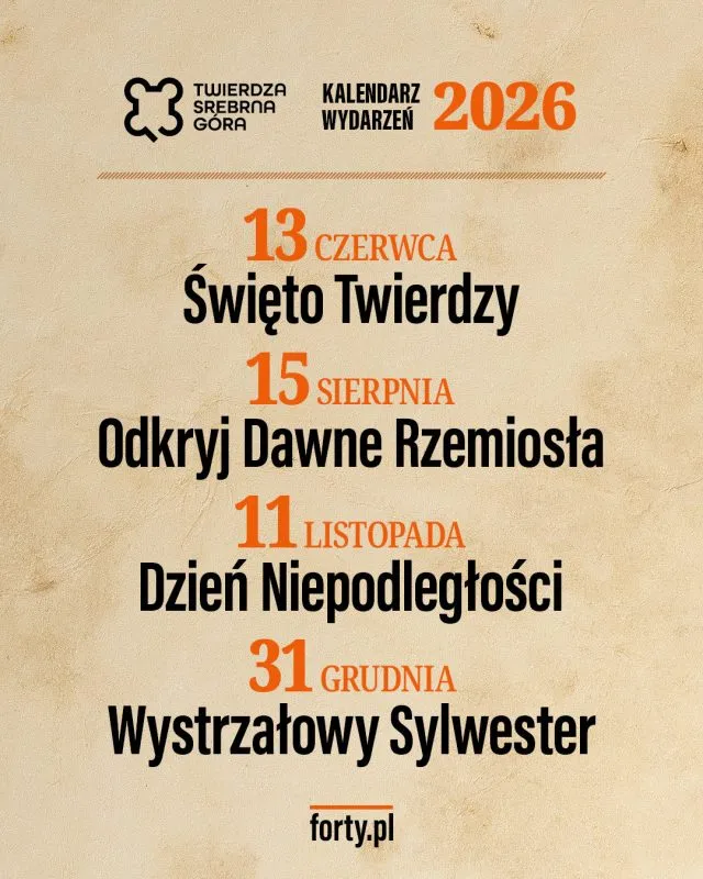 Grafika informacyjna o wydarzeniach w Twierdzy Srebrna Góra w 2026 roku
