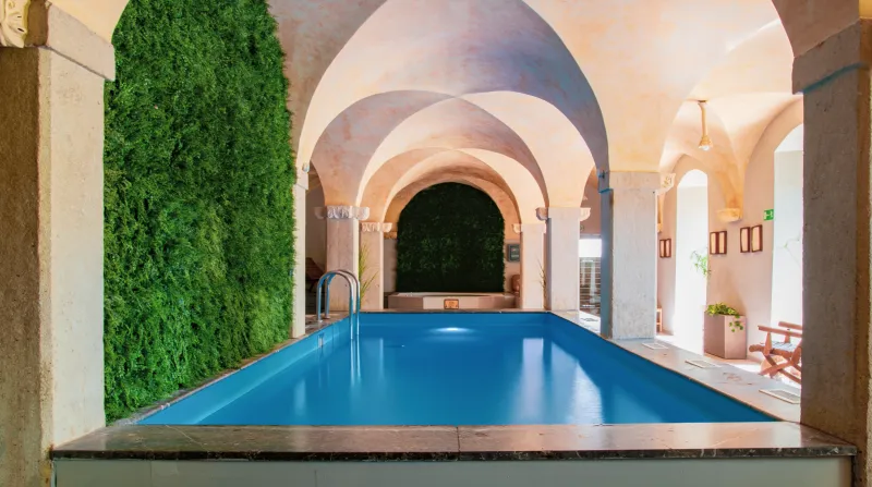 La piscine intérieure de l'hôtel Zamek na Skale à Trzebieszowice est située sous une voûte en arc, le long de murs décorés de végétation verticale.