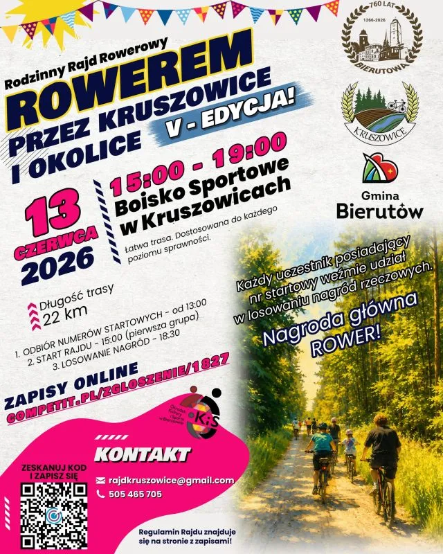 Plakat piątej edycji rajdu „Rowerem przez Kruszowice i okolice” zaprasza 13 czerwca 2026 roku od 15:00 do 19:00 na boisko sportowe w Kruszowicach.