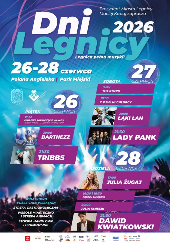 Dynamiczny plakat Dni Legnicy 2026 zapowiada koncerty i atrakcje od 26 do 28 czerwca, pokazując zdjęcia wykonawców na niebiesko-fioletowym tle.