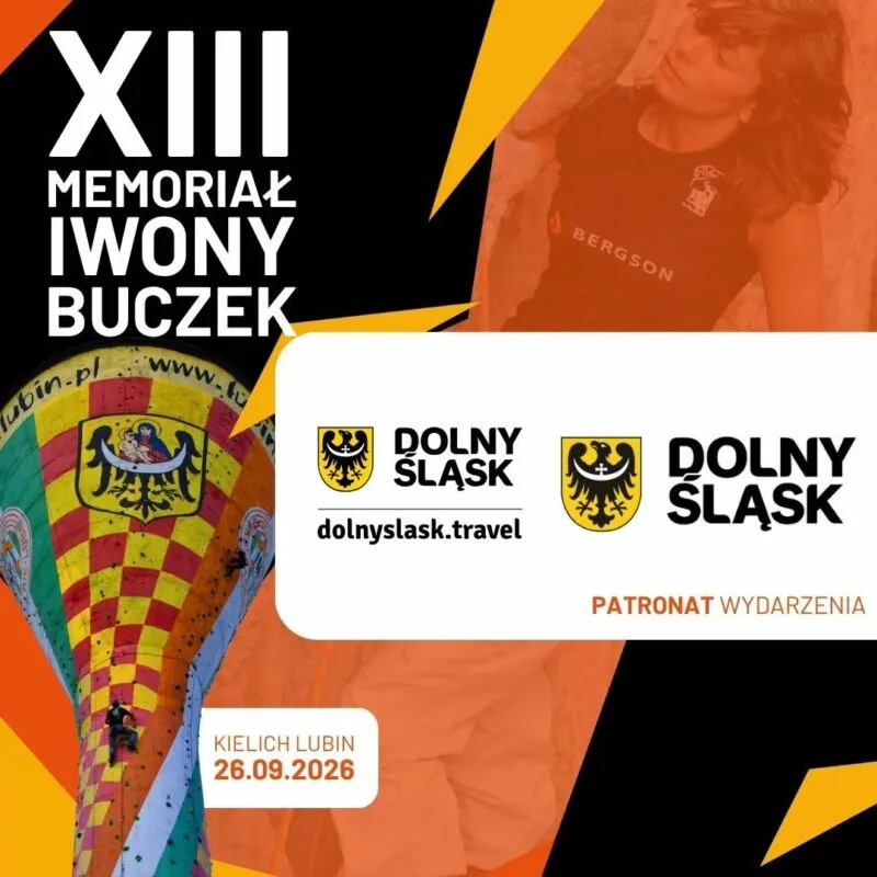 Kwadratowa grafika XIII Memoriału Iwony Buczek łączy pomarańczowe zdjęcie zawodniczki wspinaczkowej z herbami Dolnego Śląska i datą 26 września 2026.