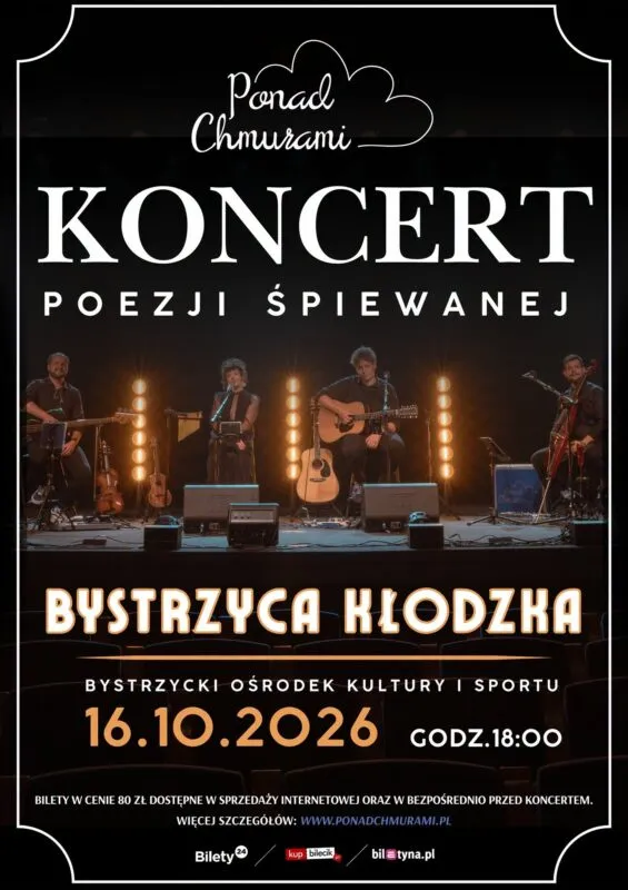 Plakat koncertu poezji śpiewanej Ponad Chmurami ze zdjęciem zespołu na scenie i datą 16 października.