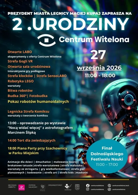 Plakat 2. urodzin Centrum Witelona z humanoidalnym robotem i programem atrakcji na 27 września.