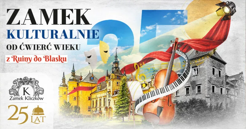 Plakat promujący 25-lecie działalności kulturalnej Zamku Kliczków opiera się na kontraście między dawnym stanem obiektu a jego obecnym wyglądem, z wykorzystaniem licznych motywów artystycznych. Z lewej strony znajduje się wyrazisty tekst z czarnym słowem „Zamek” i niebieskim „Kulturalnie”, a poniżej czarny napis „od ćwierć wieku” oraz czerwone, ozdobne hasło „z Ruiny do Blasku”. W lewym dolnym rogu widnieje logotyp Zamku Kliczków z literą K i koroną, a obok niego złoty znak „25 lat” ze stylizowanym piktogramem tacy kelnerskiej z kloszem. Centralna część kompozycji ukazuje transformację zamku – po prawej stronie widać czarno-białe zdjęcie zniszczonej budowli, co nawiązuje do słowa „ruina”, natomiast w centrum i po lewej stronie dumnie wznosi się odrestaurowany zamek w ciepłych, żółto-pomarańczowych barwach z czerwonymi dachami. Na pierwszym planie wyeksponowano atrybuty sztuki: dużą wiolonczelę, klawiaturę fortepianu wygiętą w łuk, sztalugę z pustym płótnem, maski teatralne, złote nuty oraz klucz wiolinowy. Z prawego górnego rogu przez kadr dynamicznie spływa czerwona kurtyna oświetlona teatralnym reflektorem. W tle kompozycji umieszczono duże, półprzezroczyste cyfry tworzące liczbę 25, z których dwójka wypełniona jest motywem błękitnego nieba z chmurami, a piątka ma kolor złoty. Całość osadzono na jasnym tle przypominającym fakturę starego, lekko przecieranego papieru.