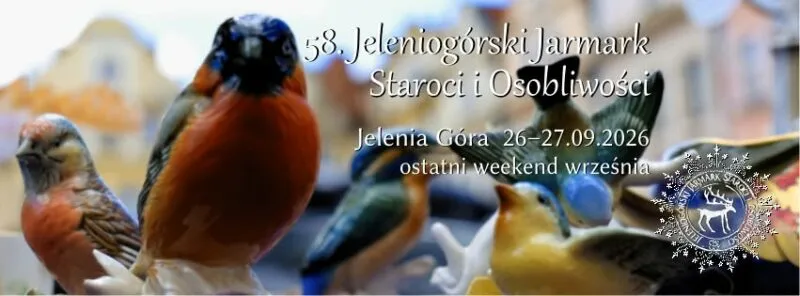 Baner jarmarku staroci w Jeleniej Górze z kolekcją ceramicznych ptaszków i datą 26 i 27 września 2026.