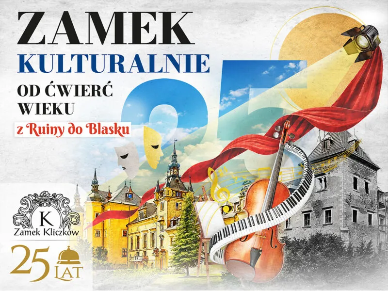Plakat promujący 25-lecie działalności kulturalnej Zamku Kliczków opiera się na kontraście między dawnym stanem obiektu a jego obecnym wyglądem, z wykorzystaniem licznych motywów artystycznych. Z lewej strony znajduje się wyrazisty tekst z czarnym słowem „Zamek” i niebieskim „Kulturalnie”, a poniżej czarny napis „od ćwierć wieku” oraz czerwone, ozdobne hasło „z Ruiny do Blasku”. W lewym dolnym rogu widnieje logotyp Zamku Kliczków z literą K i koroną, a obok niego złoty znak „25 lat” ze stylizowanym piktogramem tacy kelnerskiej z kloszem. Centralna część kompozycji ukazuje transformację zamku – po prawej stronie widać czarno-białe zdjęcie zniszczonej budowli, co nawiązuje do słowa „ruina”, natomiast w centrum i po lewej stronie dumnie wznosi się odrestaurowany zamek w ciepłych, żółto-pomarańczowych barwach z czerwonymi dachami. Na pierwszym planie wyeksponowano atrybuty sztuki: dużą wiolonczelę, klawiaturę fortepianu wygiętą w łuk, sztalugę z pustym płótnem, maski teatralne, złote nuty oraz klucz wiolinowy. Z prawego górnego rogu przez kadr dynamicznie spływa czerwona kurtyna oświetlona teatralnym reflektorem. W tle kompozycji umieszczono duże, półprzezroczyste cyfry tworzące liczbę 25, z których dwójka wypełniona jest motywem błękitnego nieba z chmurami, a piątka ma kolor złoty. Całość osadzono na jasnym tle przypominającym fakturę starego, lekko przecieranego papieru.