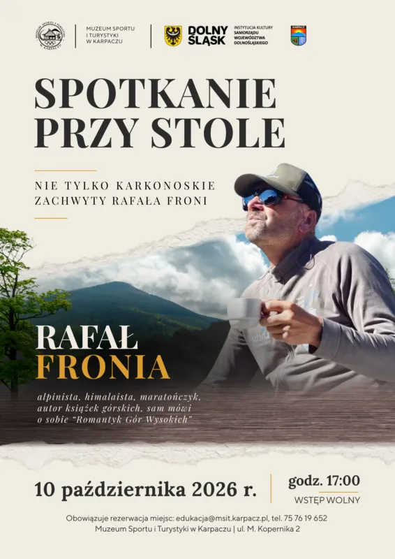 Plakat i grafika promocyjna Spotkania przy Stole z Rafałem Fronią w MSIT w Karpaczu