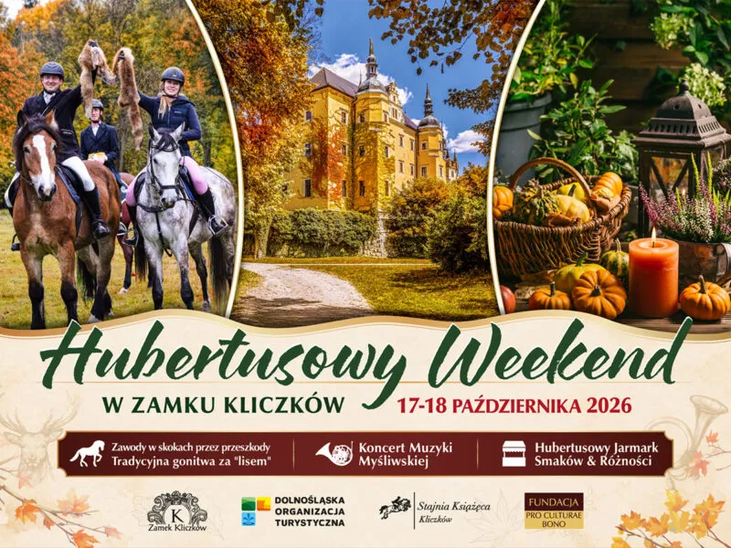 Jesienny baner Hubertusowego Weekendu z terminem 17 i 18 października oraz programem imprez.