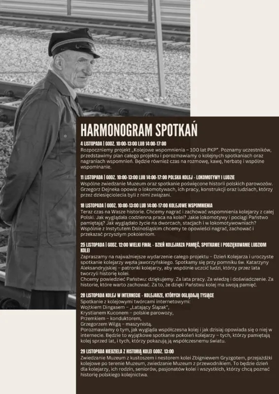 Plakat z programem wydarzeń w ramach Miesiąca Kolejarzy w Muzeum Kolejnictwa w Jaworzynie Śląskiej