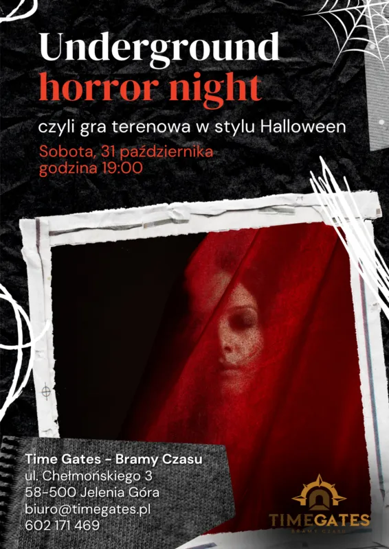 Grafika promująca grę terenową na halloween 2026 w Time Gates Jelenia Góra