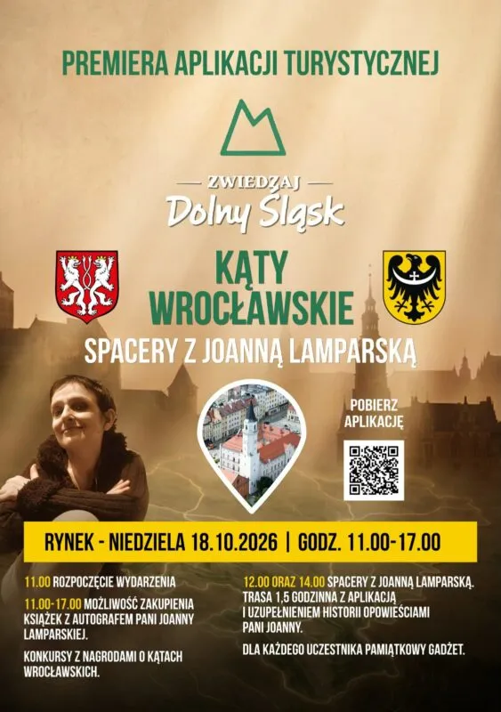 Plakat premiery aplikacji Zwiedzaj Dolny Śląsk w Kątach Wrocławskich w dniu 18 października 2026
