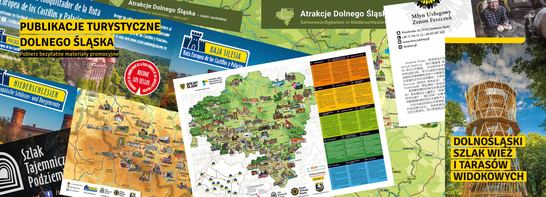 Un collage de publications touristiques de Basse-Silésie comprenant des cartes illustrées, des guides, des brochures et des documents sur les sentiers, les tours d'observation et les attractions de la région.
